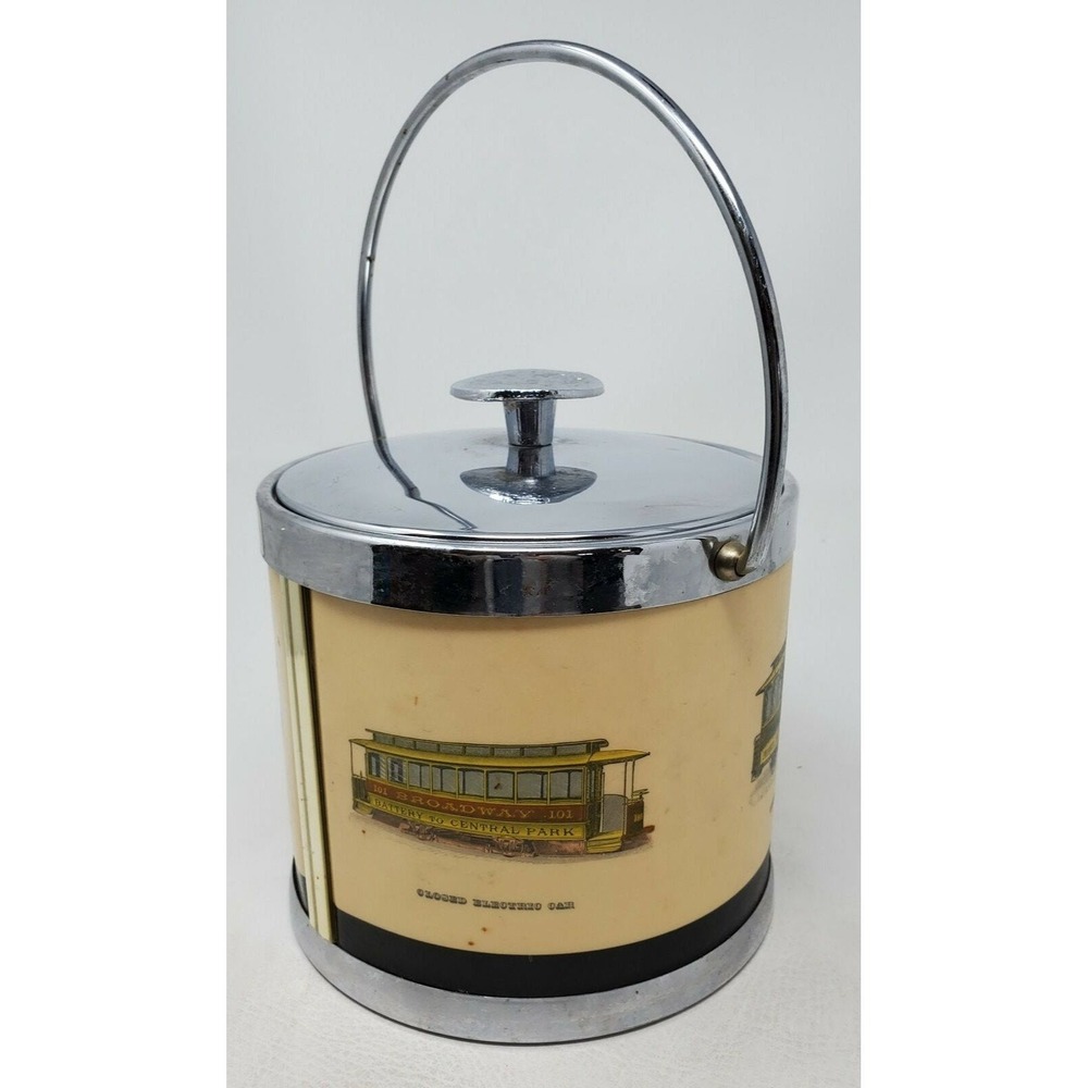 Serv-Master Ice Bucket San Francisco Trolley Cars Chrome Vintage 1960s Cream 1pc